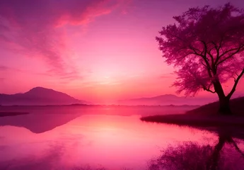 Fototapeten A moment of pink sunset over the lake © Roshan