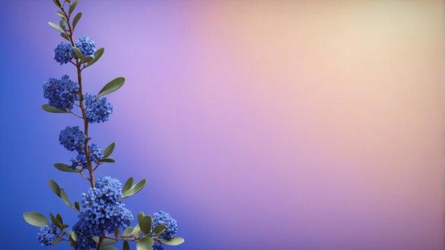  A stunning image of a blue flower branch with lush green foliage set against a serene purple and blue backdrop, featuring a captivating pink and