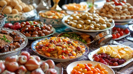 Many traditional foods on the table. Fasting time at the ramadan month. Prepared table for iftar