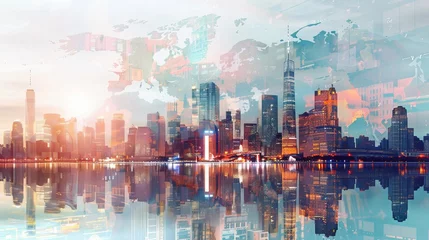 Foto op Canvas Overlay of a capital city skyline with a global map in a double exposure style © Azad