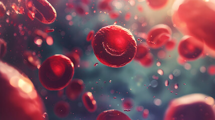 View of red blood cells suspended in plasma, with a dreamy, soft-focus effect on surrounding biochemical elements. 