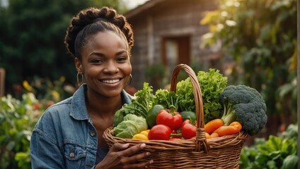smiling african american woman holding basket with fresh vegetables