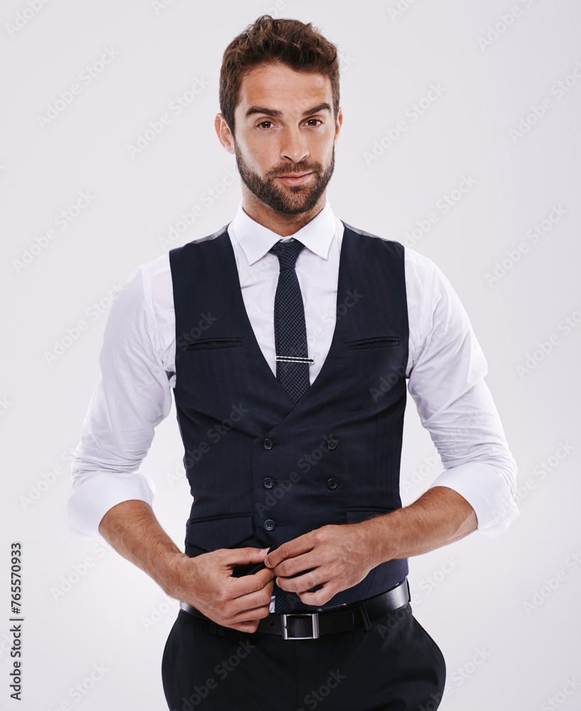 Sticker Portrait, confident and professional man, entrepreneur and suit for fashion with aesthetic of glamour. Adult, guy and male person in white background, tuxedo and luxury for job and career in studio