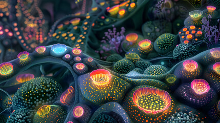 A landscape of a genetically engineered garden at the cellular level, with plant cells modified to glow in various colors, forming a living mosaic. - obrazy, fototapety, plakaty