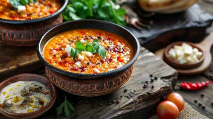 Traditional delicious Turkish foods; Red lentil soup (Turkish name; Mercimek corbasi) - obrazy, fototapety, plakaty