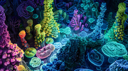 A landscape of a genetically engineered garden at the cellular level, with plant cells modified to glow in various colors, forming a living mosaic. - obrazy, fototapety, plakaty