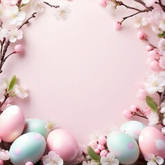 Naklejka na ściany i meble Easter eggs with colorful with light pink and blue tones, Easter card with spring flowers