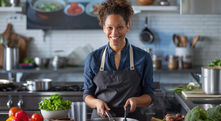 A black female chef stands in the kitchen, wearing an apron and smiling at the camera while cooking...