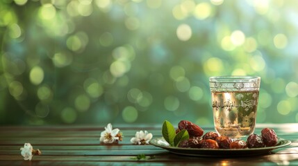 Traditional iftar table with dates and a glass of water, in front of a green background
