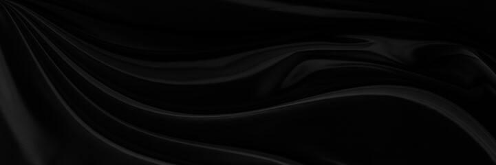 Black gray satin dark fabric texture luxurious shiny that is abstract silk cloth panorama background with patterns soft waves blur beautiful. - obrazy, fototapety, plakaty
