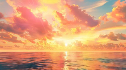  A picturesque scene of sunset over the ocean, presenting a natural landscape backdrop. Delicate pink and yellow clouds float in an orange sky, with the radiant sun shining from above. © Azad