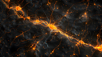 View of rat brain cells under a microscope, showing neurons interconnected by a complex web of dendrites and axons. The cells glow with an ethereal light against a dark background. - obrazy, fototapety, plakaty