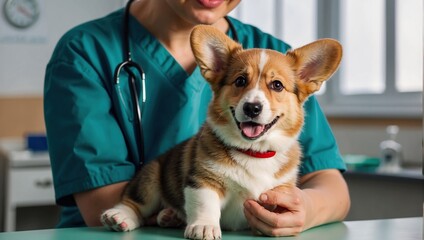 Happy dog at the doctor. Vaccination of animals in a veterinary clinic by a veterinarian