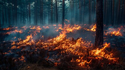 A striking image of flames consuming the forest at night, illuminating the pine woods with an eerie glow