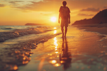 Young adventurer walking along the beach at sunset, the sky is orange and the sea calm. - obrazy, fototapety, plakaty