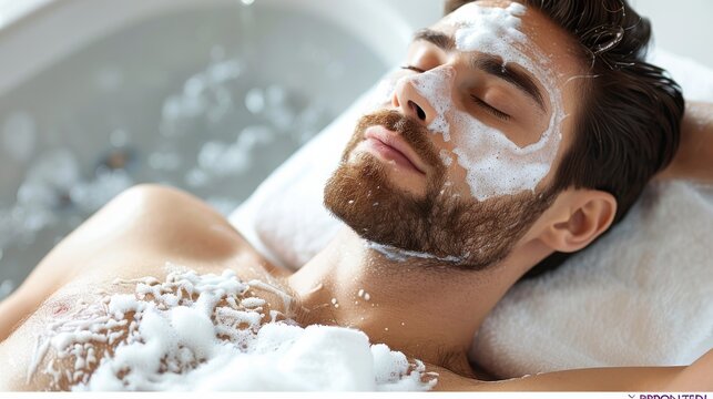 An image showcasing a man's torso as he lies in a spa bath covered with bubbles, epitomizing relaxation and self-care