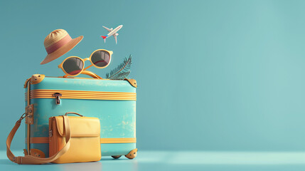Suitcase with travel and vacation accessories on blue background, copy space. Space for advertising or text. - obrazy, fototapety, plakaty
