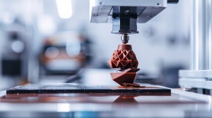 Close-up of a 3D printing machine nozzle crafting a geometric chocolate design, showcasing modern confectionery techniques
