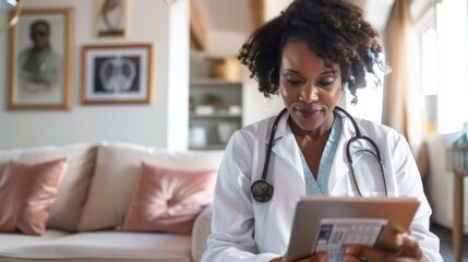 Focused medical professional is analyzing content on a digital tablet, illustrating technology integration in healthcare - obrazy, fototapety, plakaty