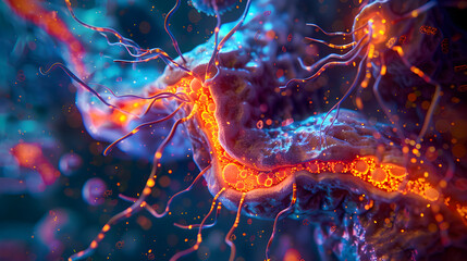 Synaptic junction within a rat's brain, with neurotransmitters visualized as glowing particles crossing the synapse. The scene captures the moment of neurotransmission.