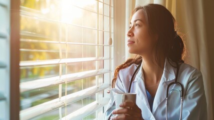 A thoughtful healthcare professional taking a peaceful moment to enjoy a break and reflect by a sunlit window - obrazy, fototapety, plakaty