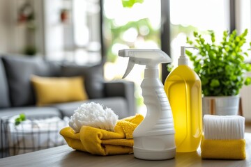 A neatly arranged selection of yellow cleaning products on a table