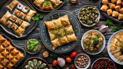 Turkish Dessert Sobiyet Baklava, mussels baklava and classic baklava with Pistachio . Cevizli, Fistikli Baklava, top view. - obrazy, fototapety, plakaty