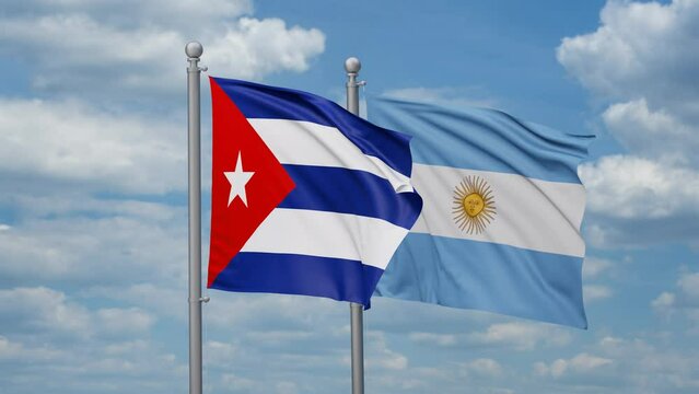 Argentina and Cuba two flags waving together, looped video, two country relations concept