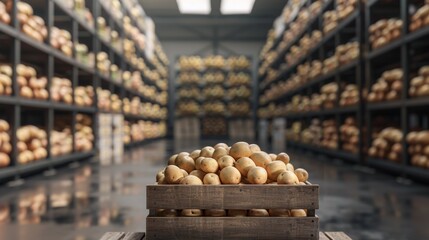 A pile of ripe potatoes resting in a wooden bin within a modern storage warehouse facility