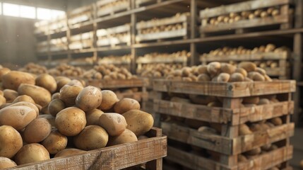 Warmly lit image of wooden crates stacked with potatoes in a storage room, resembling an old-fashioned root cellar