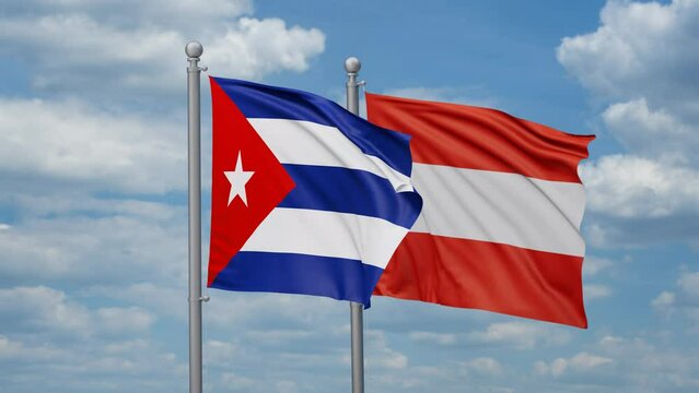 Austria and Cuba two flags waving together, looped video, two country relations concept