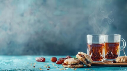Turkish Ramazan concept with pita, tea and date, over blue background with copy space. 