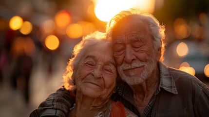 An affectionate elderly couple shares a tender moment bathed in the warm light of the golden hour, exchanging joyful smiles