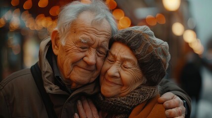A senior couple stands close together on an urban street, their faces alight with joy and the intimacy of a shared lifetime