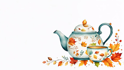 Beautiful autumn teatime with cup and teapot on white