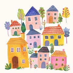 Fototapeta premium A painting depicting a cluster of houses surrounded by trees in a rural setting