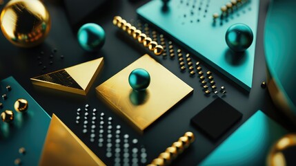 3D abstract black, gold and teal colored geometric shapes. Memphis inspired. Eps10 vector