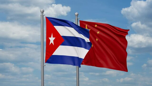 China and Cuba two flags waving together, looped video, two country relations concept
