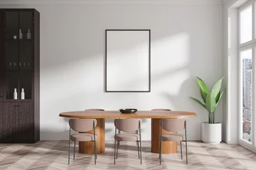 Papier Peint photo Visage de femme Modern home living room interior with table and chairs, window. Mockup frame