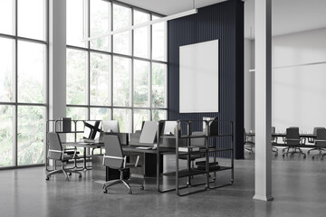 Cozy office room interior with coworking and meeting room, mock up frame