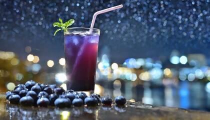 Blueberry juice on the wood table 