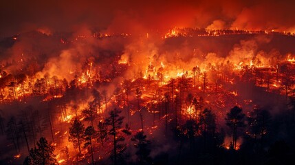 An image showcasing the terrifying beauty of a nighttime wildfire spreading rapidly across a dense forest