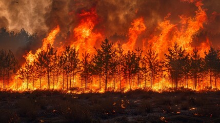 A gripping visual of a massive wildfire with sky-reaching flames devastating the forest under a smoke-filled atmosphere