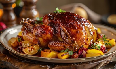 roasted chicken with a golden crispy skin laid out on a dinner table - obrazy, fototapety, plakaty