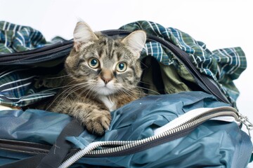 A playful tabby cat peeks out of a partially zipped open blue backpack with a curious expression
