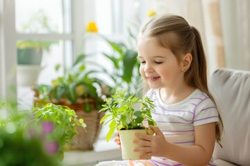 A cheerful young girl tends to a small potted plant, symbolizing care, growth, and childhood discovery