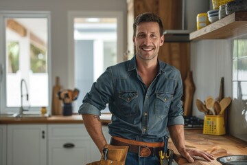 A cheerful man in casual denim attire stands with hands on hip, sporting a tool belt in a kitchen setting - Powered by Adobe