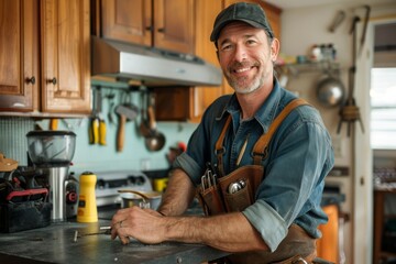Confident mature contractor with a smile posing in a kitchen with tools and overalls - obrazy, fototapety, plakaty