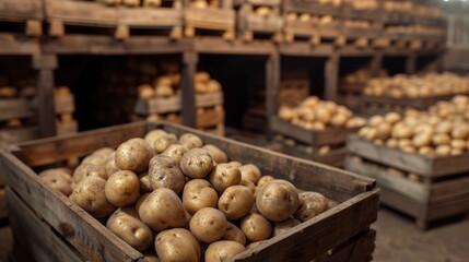 Close-up shot focusing on a group of potatoes in a rustic wooden crate within a dimly lit warehouse setting, giving a natural feel