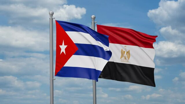Egypt and Cuba two flags waving together, looped video, two country relations concept